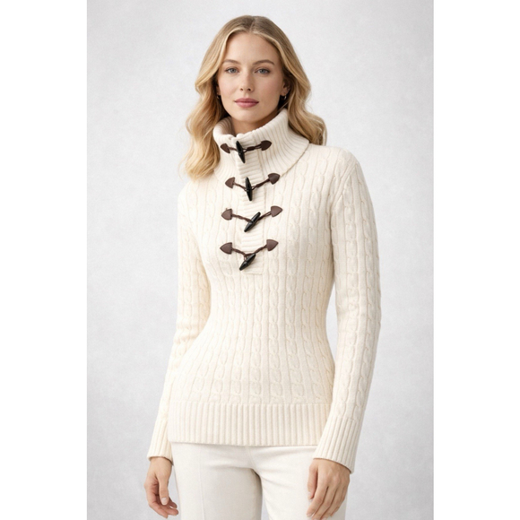 Ralph Lauren Sweaters - Ralph Lauren Wool Cashmere Toggle Cable Knit Sweater High Neck Ivory Women sizeL